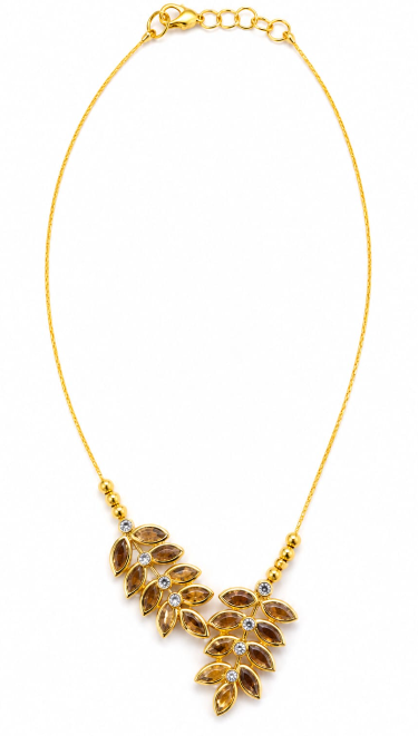 Gold-Plated Asymmetric Leaf Necklace with Amber Stones