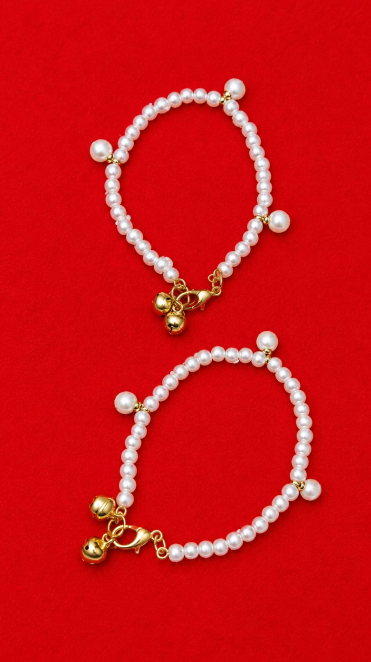 Classic Pearl Anklet Pair with Golden Jingle Bells