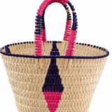 Handwoven Straw Tote Bag – Natural Palm Leaf Basket with Magenta & Navy Diamond Accents