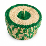 Handwoven Round Straw Storage Basket with Lid – Natural Palm Leaf Box in Green and Beige