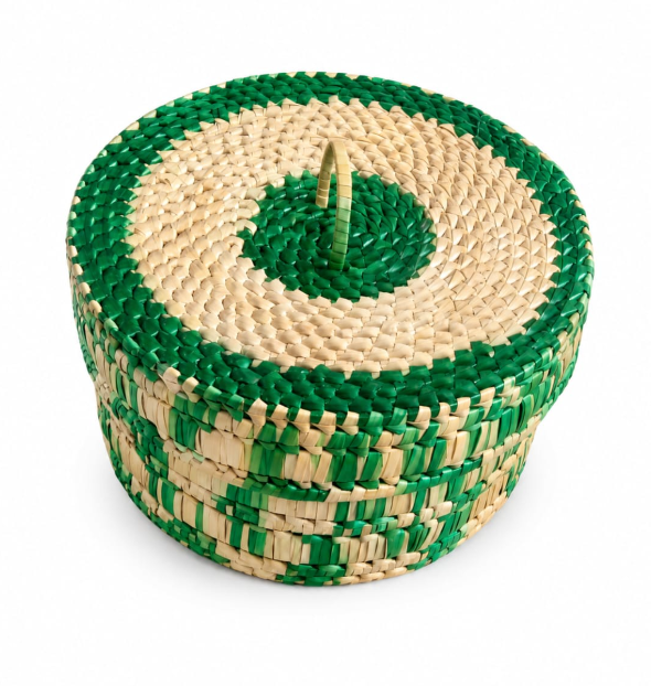 Handwoven Round Straw Storage Basket with Lid – Natural Palm Leaf Box in Green and Beige